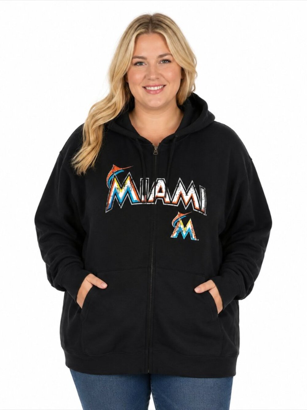 MIAMI MARLINS Hoodie Size 1X Black Distressed Logo Full Zip Front Heavy Warm New